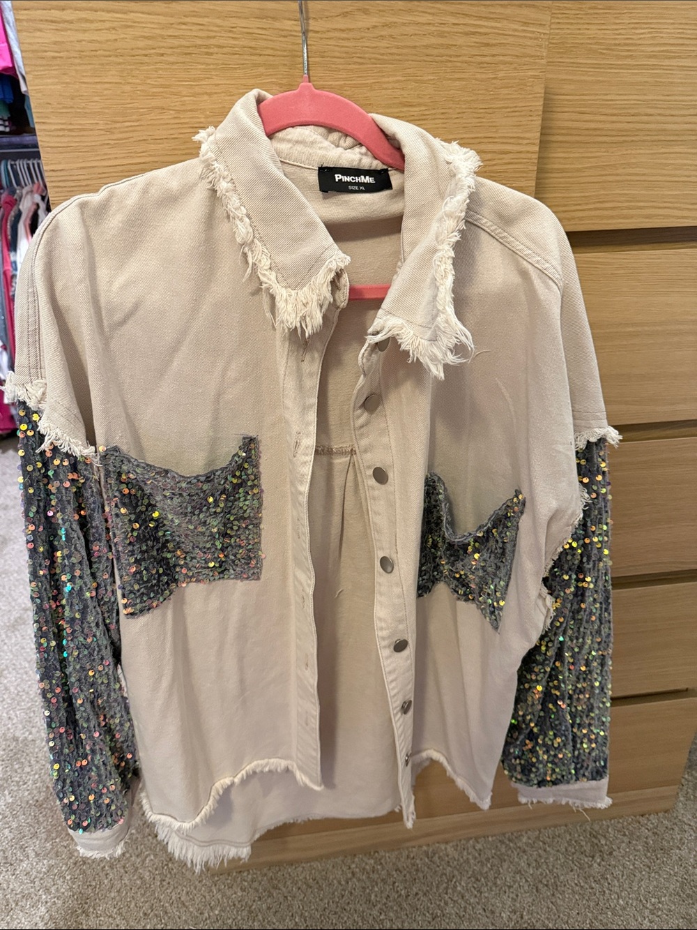 PinchMe Cream Frayed Collar sequin sleeve Jacket